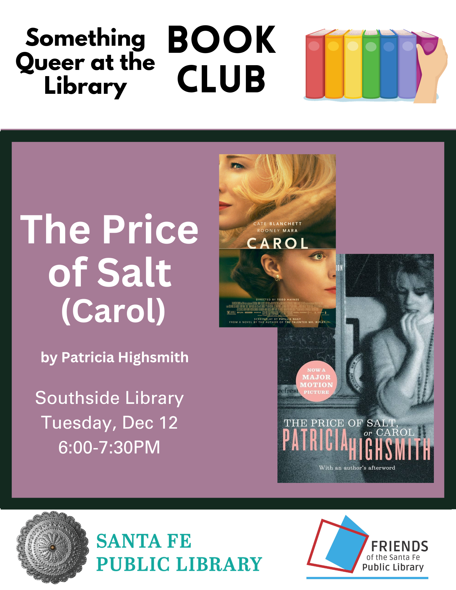 Event Flyer for the film Carol and the book The Price of Salt.  Pensive women dressed in mid-century fashion