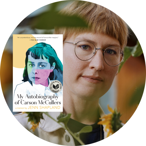 Portrait of woman with short blond hair and glasses, bookcover with multicolor portrait of author Carson McCullers