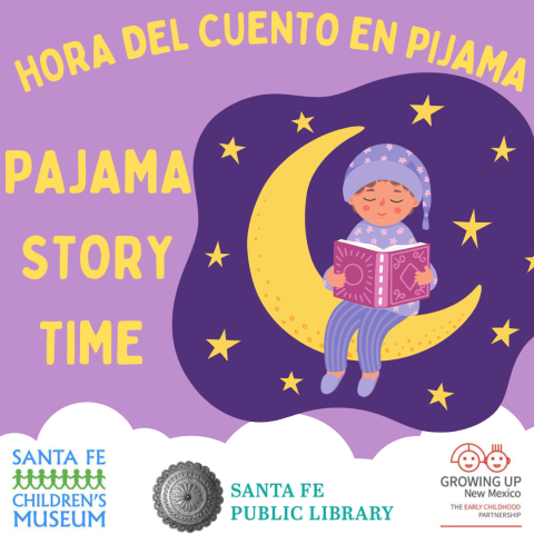 A child in pajamas, sitting on a crescent moon and  reading a book. 