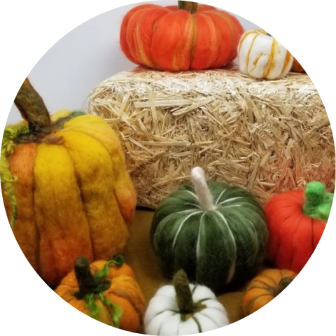 Image of brightly colored pumpkins made of felt