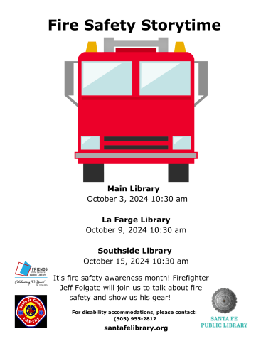 fire truck with story time dates: Oct 3; Oct 9; Oct. 15