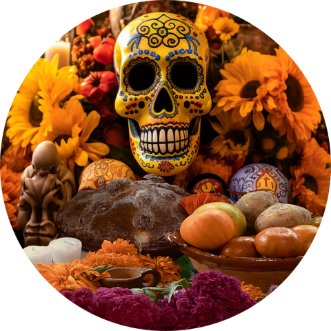 image of Día de los Muertos skull, marigolds