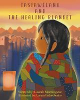 Book Cover of "Tasiawelanu and the Healing Blanket"- image of a Native American boy with a colorful patchwork blanket wrapped around him. 