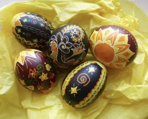 photograph image of colorful pysanka decorated eggs