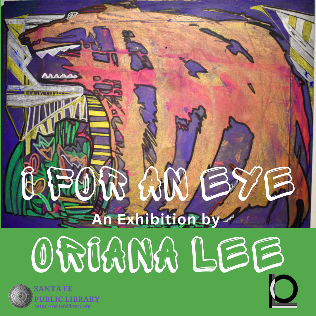 Text reads "I for an eye an Exhibit by Oriana Lee" with a background image her work.