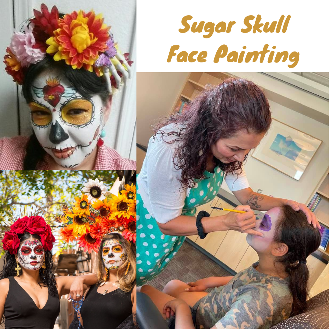 Faces painted like Dia de los Muertos sugar skulls and woman painting faces